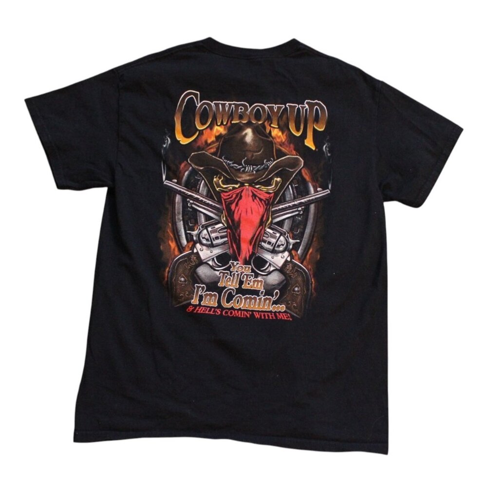 Cowboy Up Mens Black Graphic T Shirt Medium 100% Cotton Western Tee
